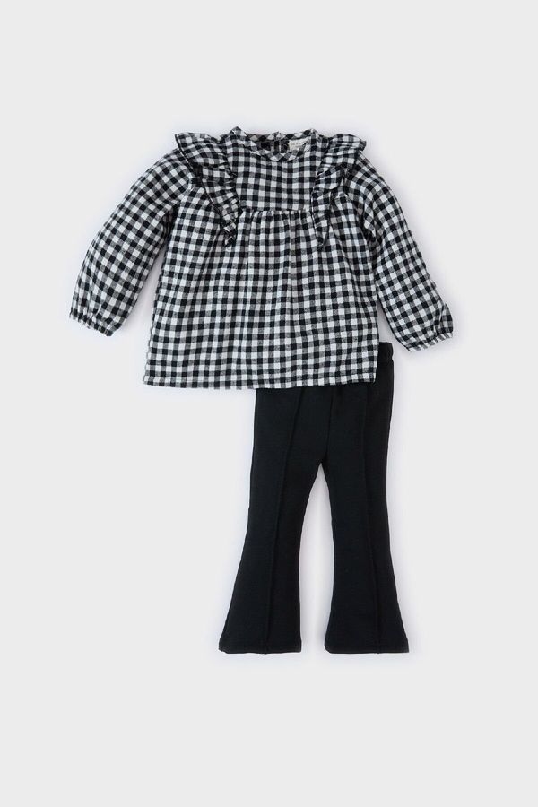 DEFACTO DEFACTO Baby Girl 2-Piece Set Plaid Long Sleeve Blouse Bell-bottom Leggings