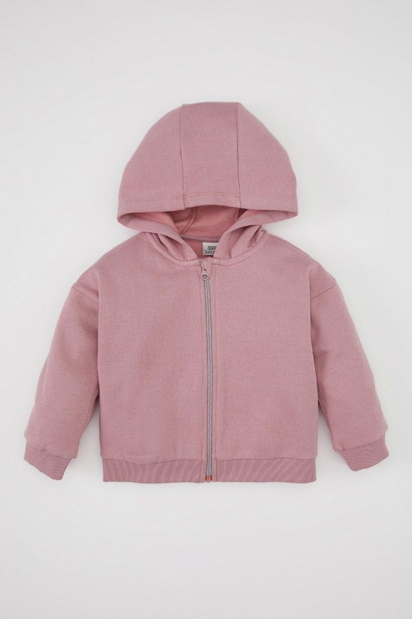 DEFACTO DEFACTO Baby Girl Basic Plain Hooded Thick Soft Furry Zippered Sweatshirt Cardigan