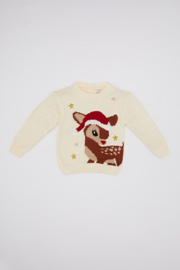 DEFACTO DEFACTO Baby Girl Beige Crew Neck Christmas Themed Knitted Sweater