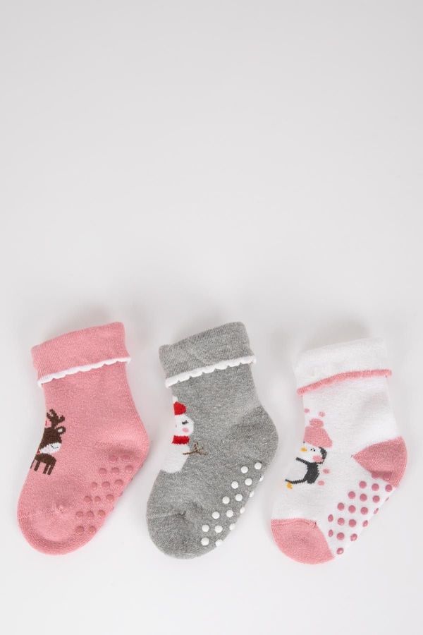 DEFACTO DEFACTO Baby Girl Christmas Themed Non-Slip Sole 3-Piece Cotton Long Socks