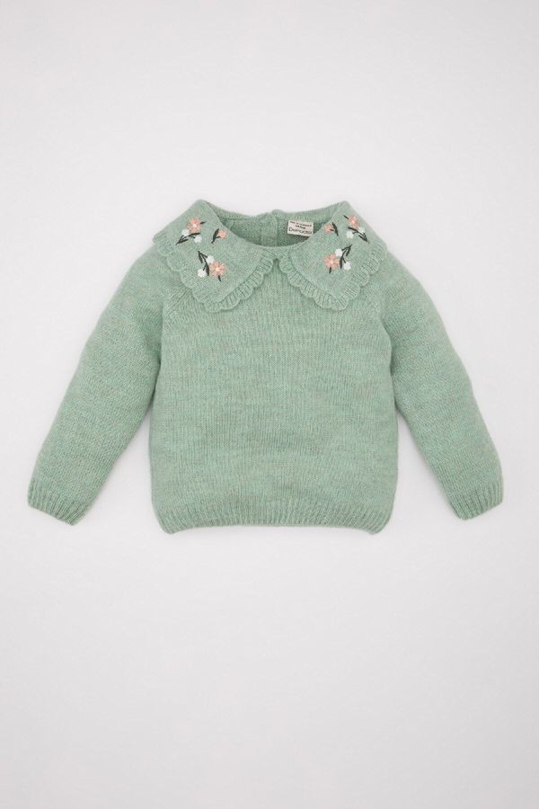 DEFACTO DEFACTO Baby Girl Green Floral Large Collar Knitwear Sweater