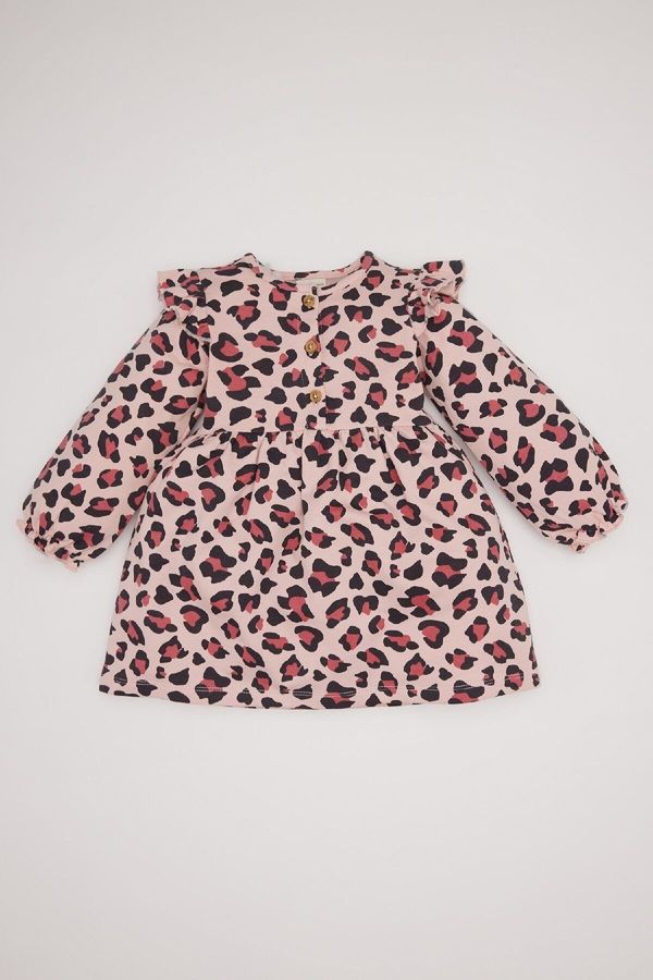 DEFACTO DEFACTO Baby Girl Leopard Print Crew Neck Button Long Sleeve Dress