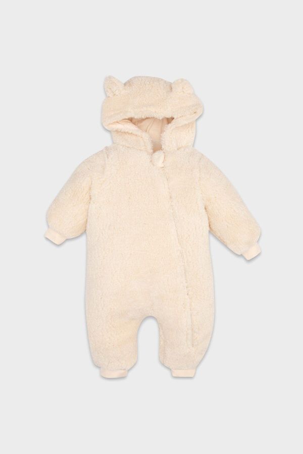 DEFACTO DEFACTO Baby Girl Newborn Beige Zippered Plush Jumpsuit with Hat