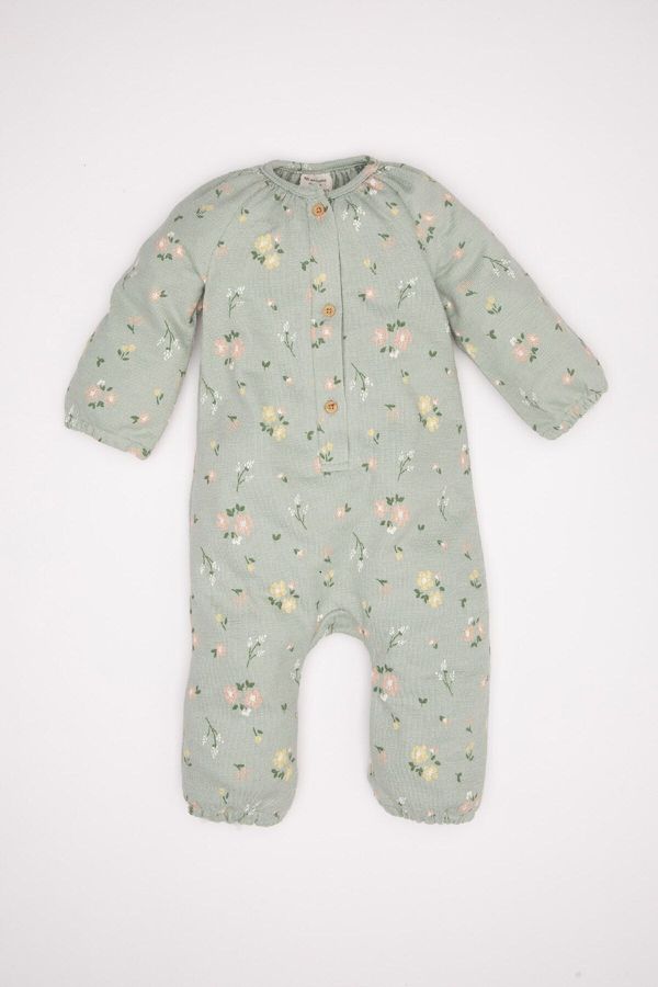 DEFACTO DEFACTO Baby Girl Newborn Green Buttoned Floral Patterned Long Sleeve Jumpsuit