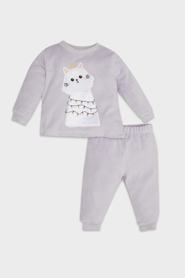 DEFACTO DEFACTO Baby Girl Pajama Set Crew Neck Christmas Themed Long Sleeve Velour Top and Elastic Waist Long Bottom