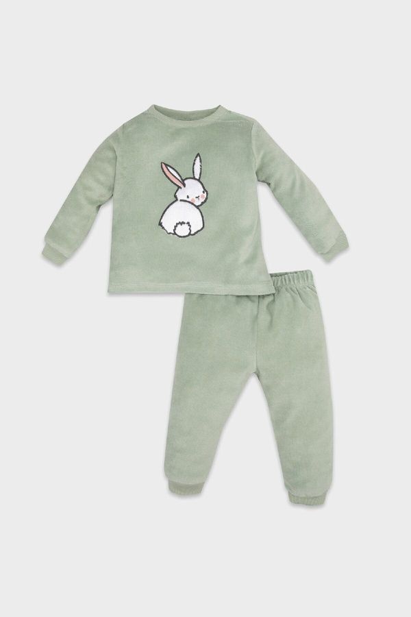 DEFACTO DEFACTO Baby Girl Rabbit Printed Long Sleeve Top Long Bottom Velour Pajama Set