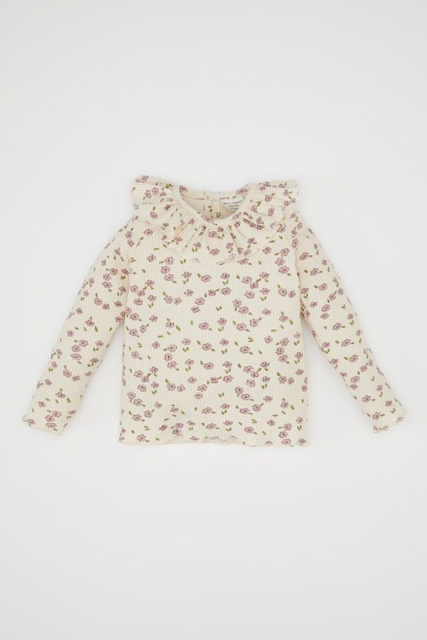 DEFACTO DEFACTO Baby Girl Ruffle Collar Floral Waffle Long Sleeve T-Shirt