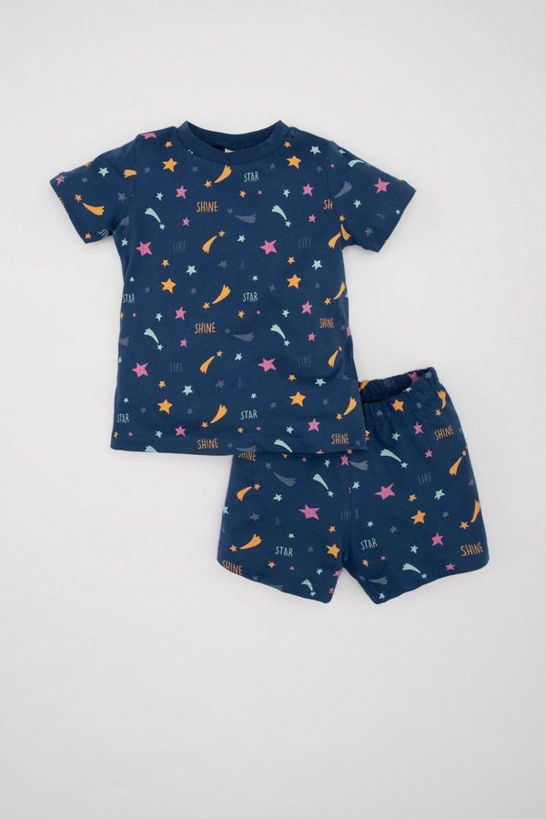 DEFACTO DEFACTO Baby Girl Star Patterned Glow in the Dark Short Sleeve Combed Cotton Pajama Set with Shorts