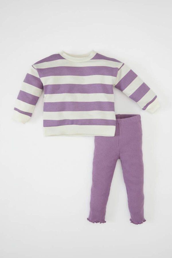 DEFACTO DEFACTO Baby Girl Striped Crew Neck Sweatshirt Elastic Waist Tights 2-Piece Set