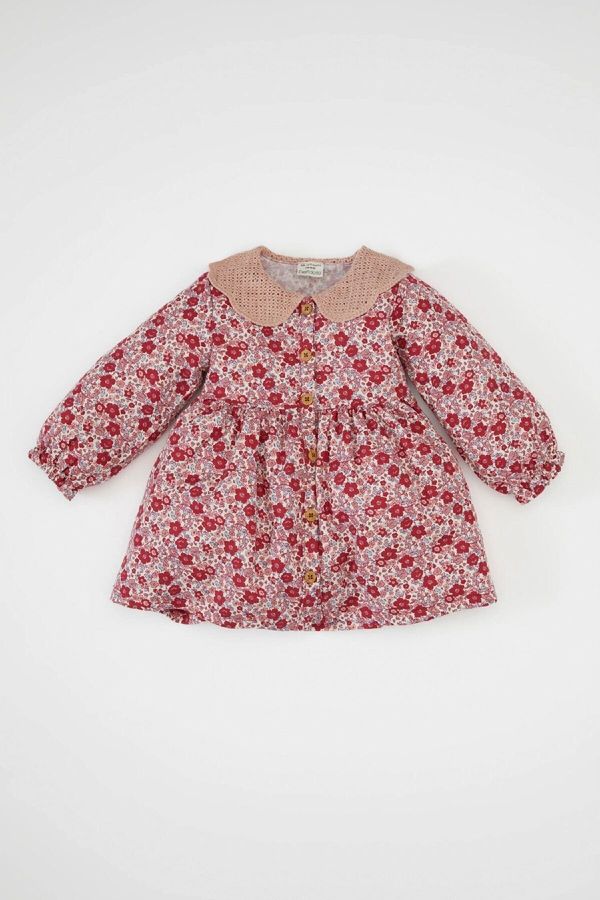 DEFACTO DEFACTO Baby Girl Wide Knit Collar Floral Patterned Button Down Long Sleeve Twill Dress