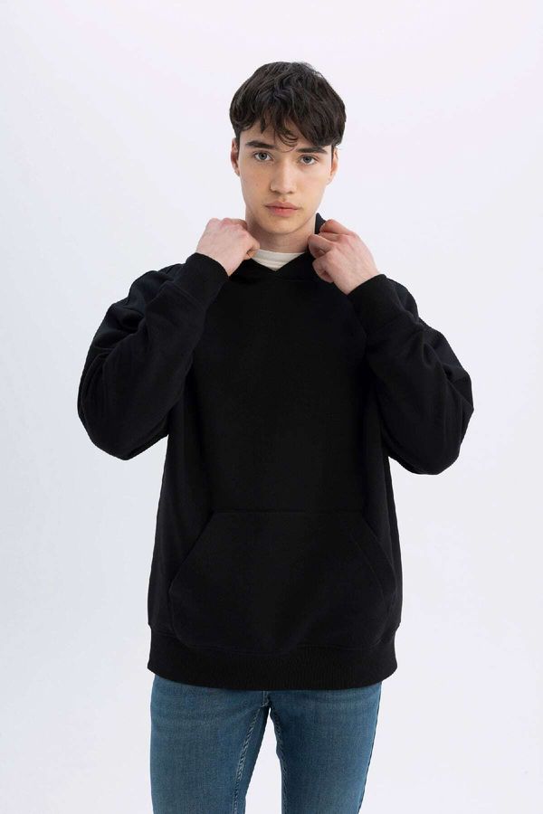 DEFACTO DEFACTO Black Oversize Wide Pattern Hooded Kangaroo Pocket Basic Plain Sweatshirt