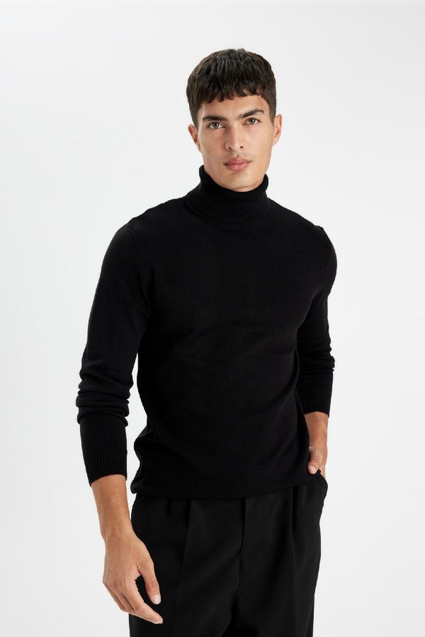 DEFACTO DEFACTO Black Slim Fit Slim Cut Turtleneck Basic Plain Knitwear Sweater