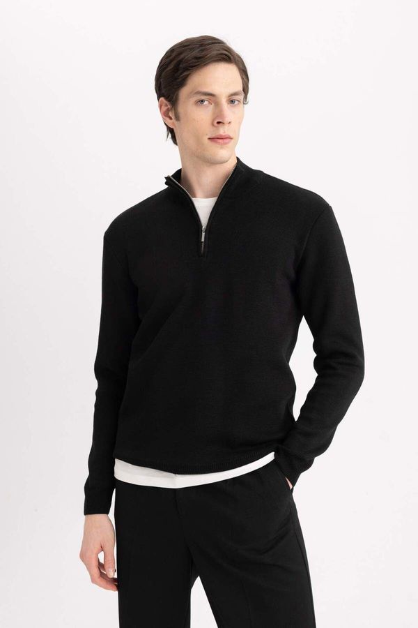 DEFACTO DEFACTO Black Standard Fit Regular Cut Stand Collar Zippered Basic Plain Knitwear Sweater