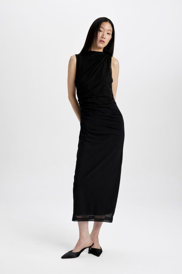 DEFACTO DEFACTO Bodycon Bodycon Half Turtleneck Basic Plain Tulle Sleeveless Maxi Black Dress