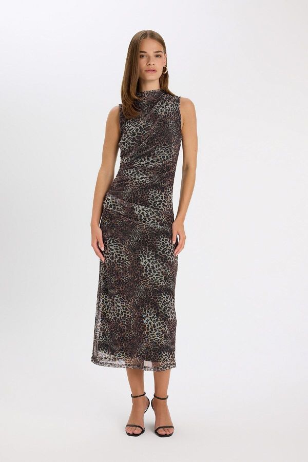 DEFACTO DEFACTO Bodycon Crew Neck Leopard Print Tulle Sleeveless Maxi Dress