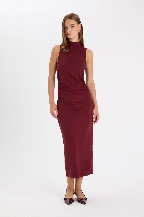 DEFACTO DEFACTO Bodycon Fitted Basic Plain Half Turtleneck Sleeveless Maxi Burgundy Dress