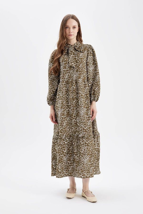 DEFACTO DEFACTO Bow Collar Leopard Print Button Closure Long Sleeve Maxi Dress