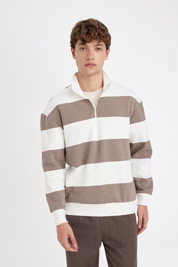 DEFACTO DEFACTO Boxy Fit Zipper Collar Striped Sweatshirt