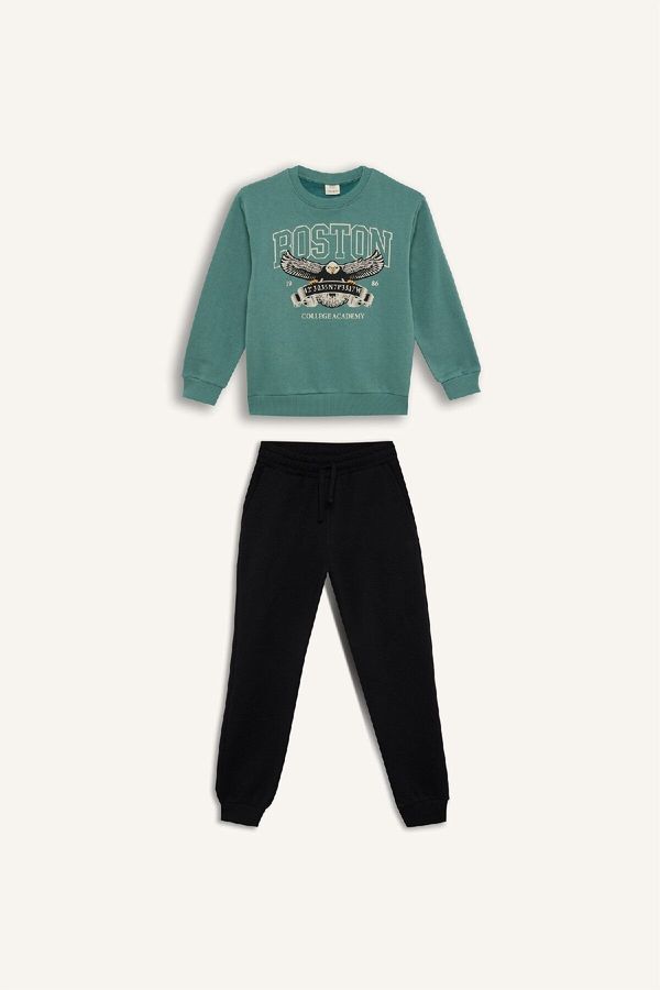 DEFACTO DEFACTO Boy 2-Piece Set Crew Neck Printed Thick Sweatshirt Elastic Waist Tracksuit Bottoms