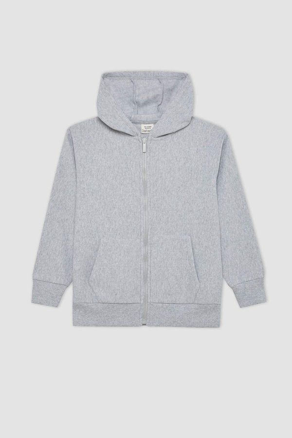 DEFACTO DEFACTO Boy Basic Hooded Zippered Pocket Gray School Cardigan