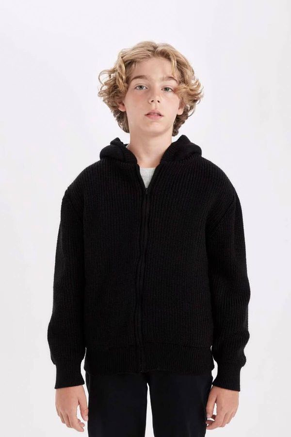 DEFACTO DEFACTO Boy Basic Knitwear Polar Fleece Lined Hooded Zippered Black School Cardigan U4282a624au