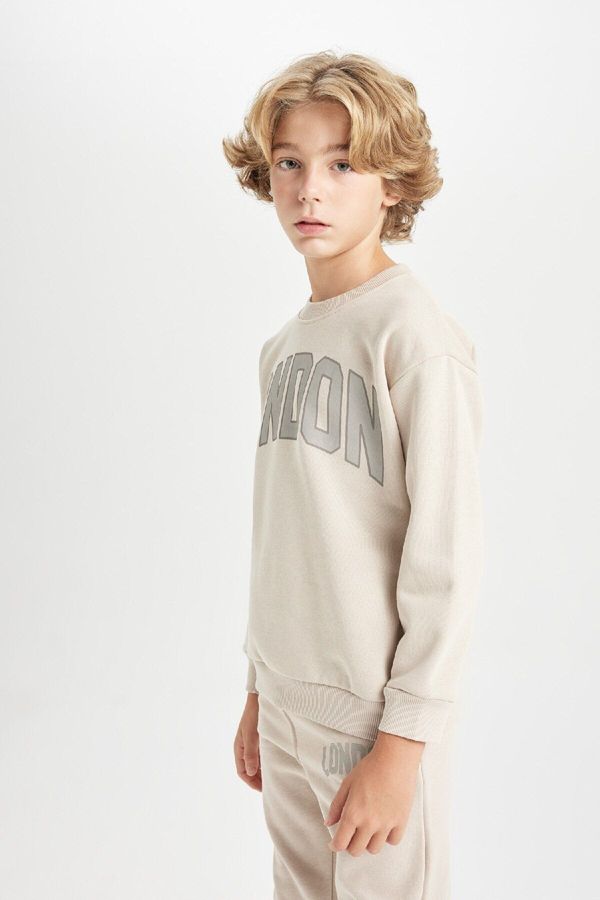 DEFACTO DEFACTO Boy Beige Oversize Fit Wide Mold Crew Neck Thick School Sweatshirt