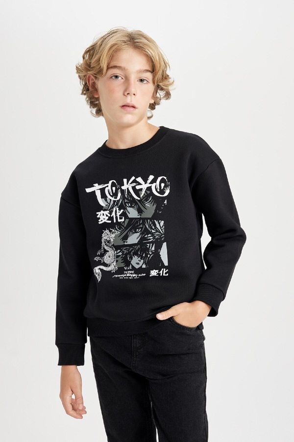 DEFACTO DEFACTO Boy Black Oversize Fit Wide Mold Crew Neck Sweatshirt