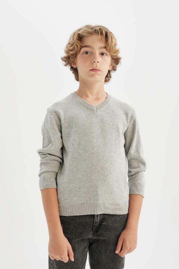 DEFACTO DEFACTO Boy Gray V Neck Basic Plain Knitwear School Sweater