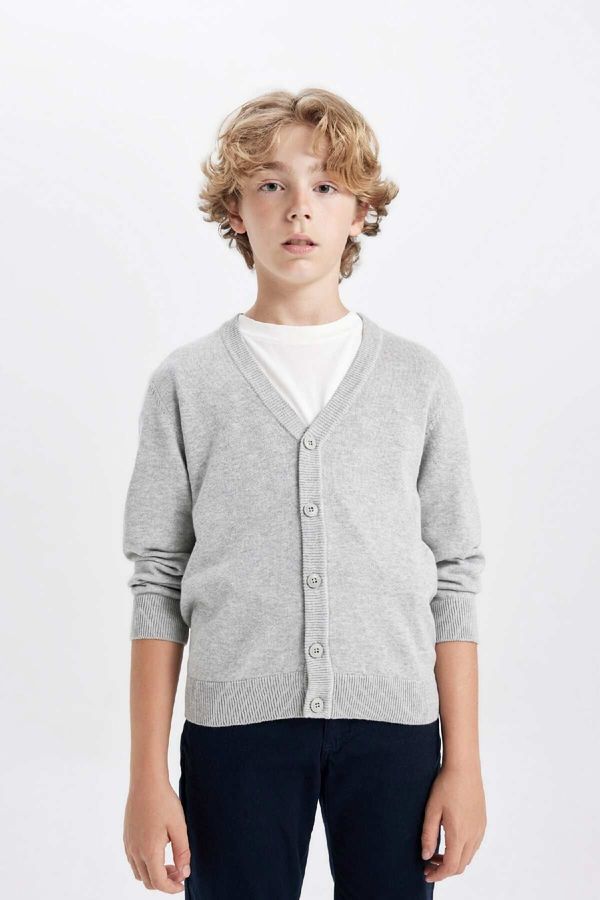 DEFACTO DEFACTO Boy Gray V-Neck Button-Down Knitted School Cardigan