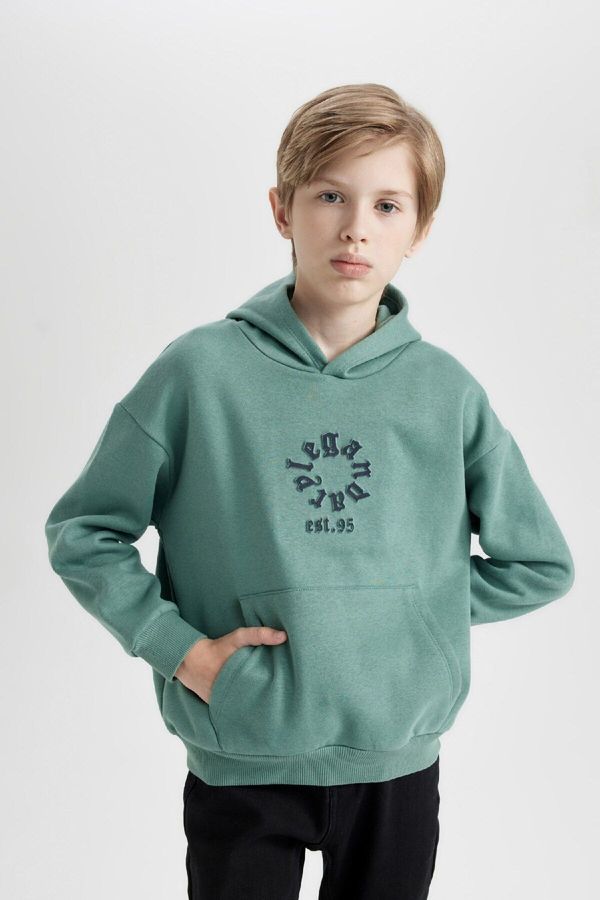 DEFACTO DEFACTO Boy Green Oversize Fit Wide Mold Hooded Pocket Thick Sweatshirt