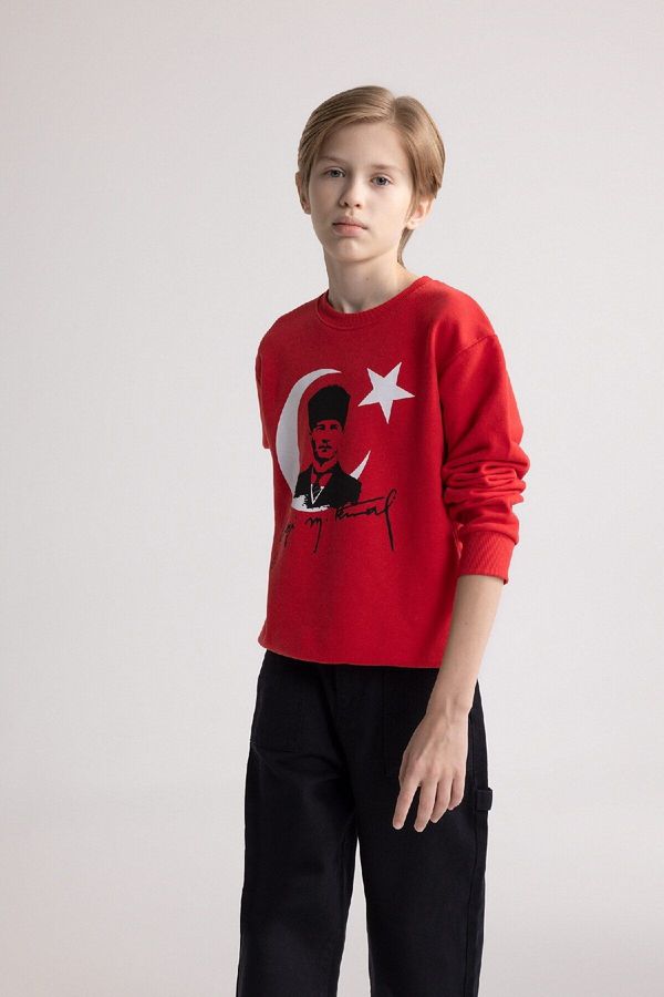 DEFACTO DEFACTO Boy October 29 Republic Day Crew Neck Atatürk Printed Red Sweatshirt