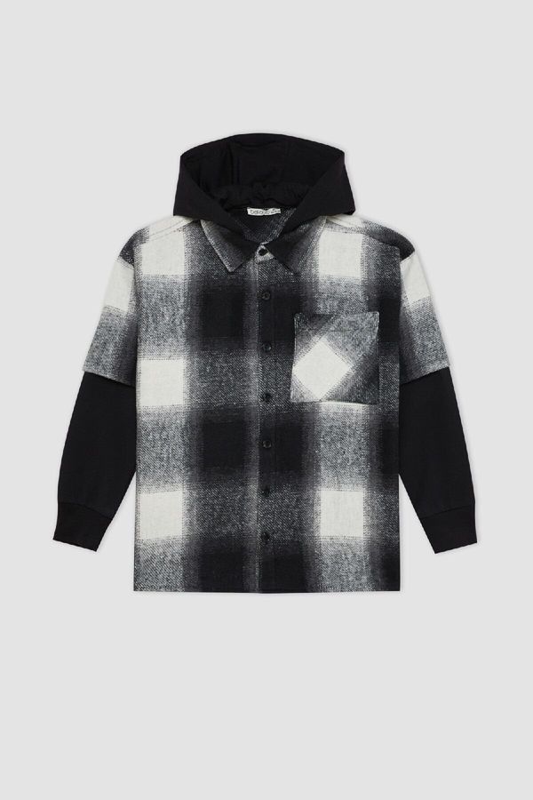 DEFACTO DEFACTO Boy Oversize Fit Hooded Flannel Long Sleeve Shirt