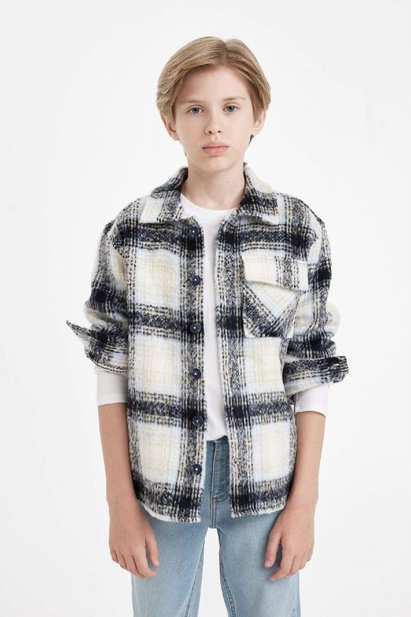 DEFACTO DEFACTO Boy Oversize Fit Polo Collar Flannel Long Sleeve Shirt