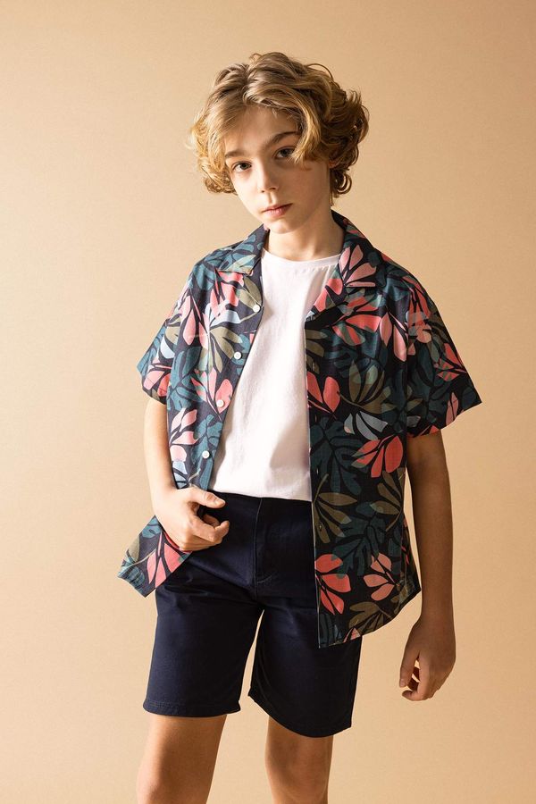 DEFACTO DEFACTO Boy Oversize Fit Polo Neck Linen Look Short Sleeve Shirt