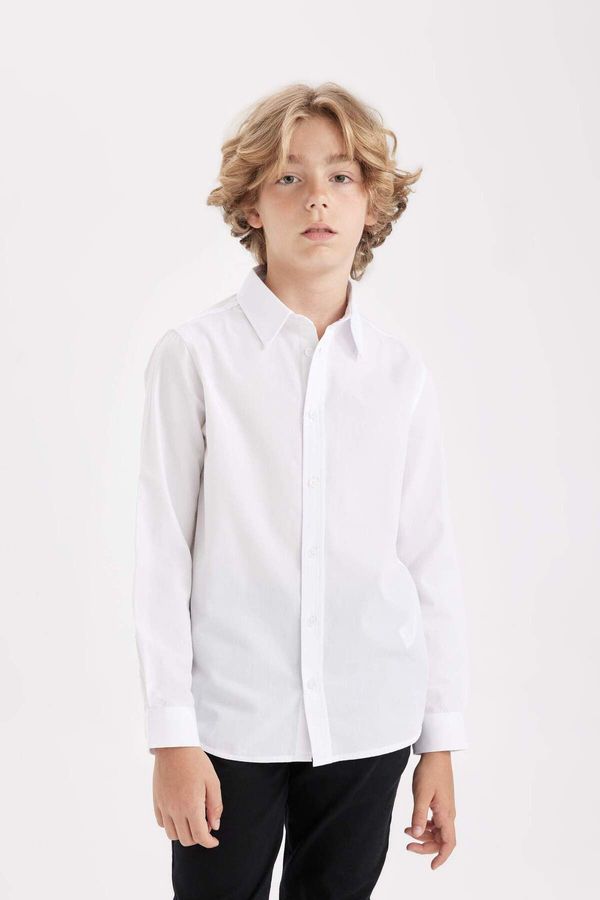 DEFACTO DEFACTO Boy Polo Collar Poplin Long Sleeve Basic Plain White School Shirt