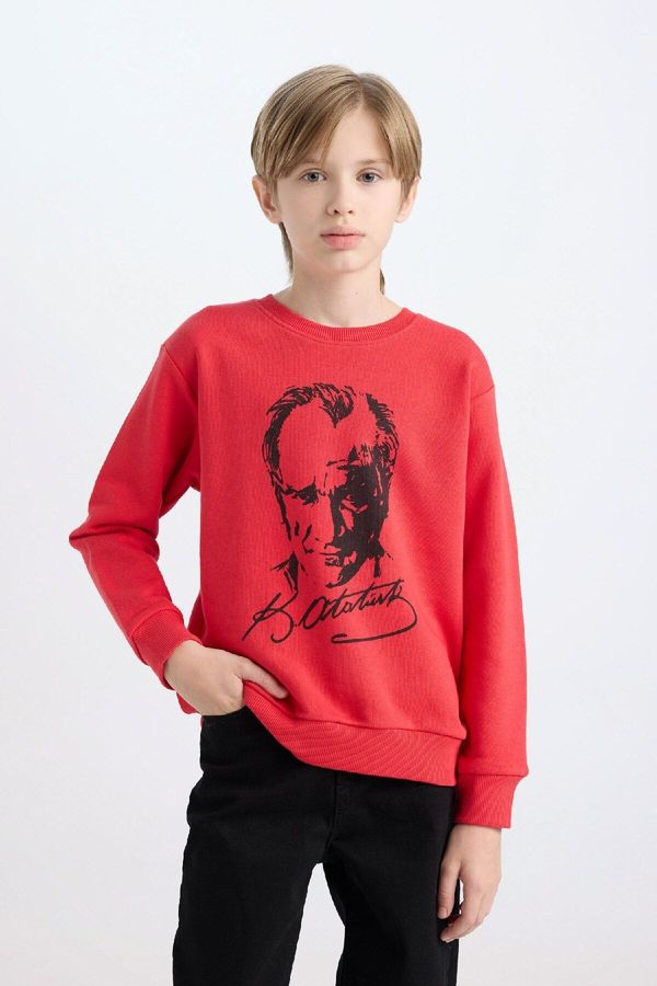 DEFACTO DEFACTO Boy Red Regular Fit Crew Neck Atatürk Printed Sweatshirt