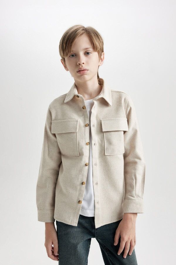 DEFACTO DEFACTO Boy Regular Fit Polo Collar Long Sleeve Double Pocket Beige Shirt