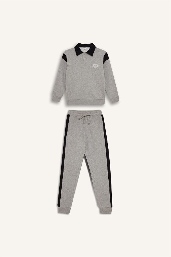 DEFACTO DEFACTO Boy's 2-Piece Set Polo Collar Printed Thick Sweatshirt Elastic Waist Leg Tracksuit Bottoms