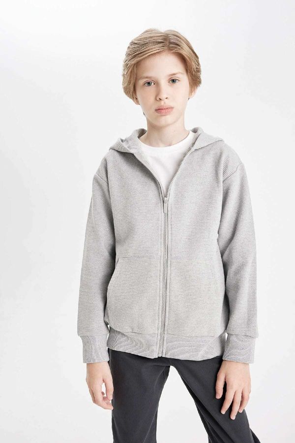 DEFACTO DEFACTO Boy's Basic Gray Hooded School Cardigan with Zipper Pockets