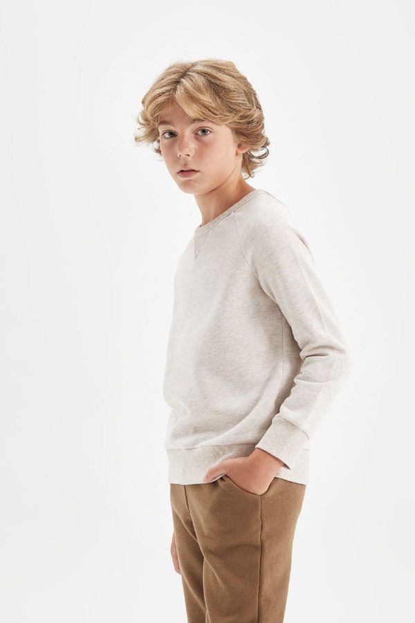 DEFACTO DEFACTO Boy's Beige Crew Neck Basic Plain School Sweatshirt