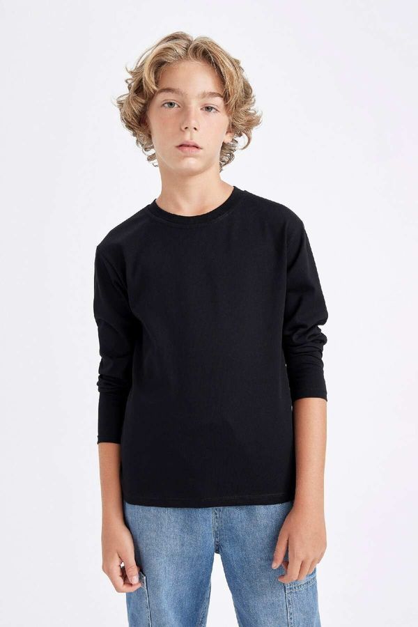 DEFACTO DEFACTO Boys Crew Neck Basic Plain Black Long Sleeve School T-Shirt K1686a624au