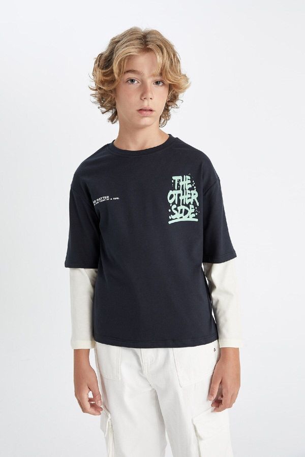 DEFACTO DEFACTO Boy's Crew Neck Printed Long Sleeve T-Shirt