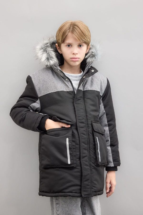 DEFACTO DEFACTO Boy's Detachable Faux Für Collar Hooded Plush Lined Parka