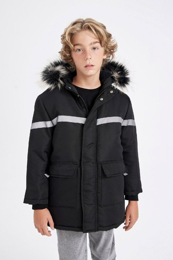 DEFACTO DEFACTO Boys Detachable Faux Für Collar Hooded Plush Lined Parka