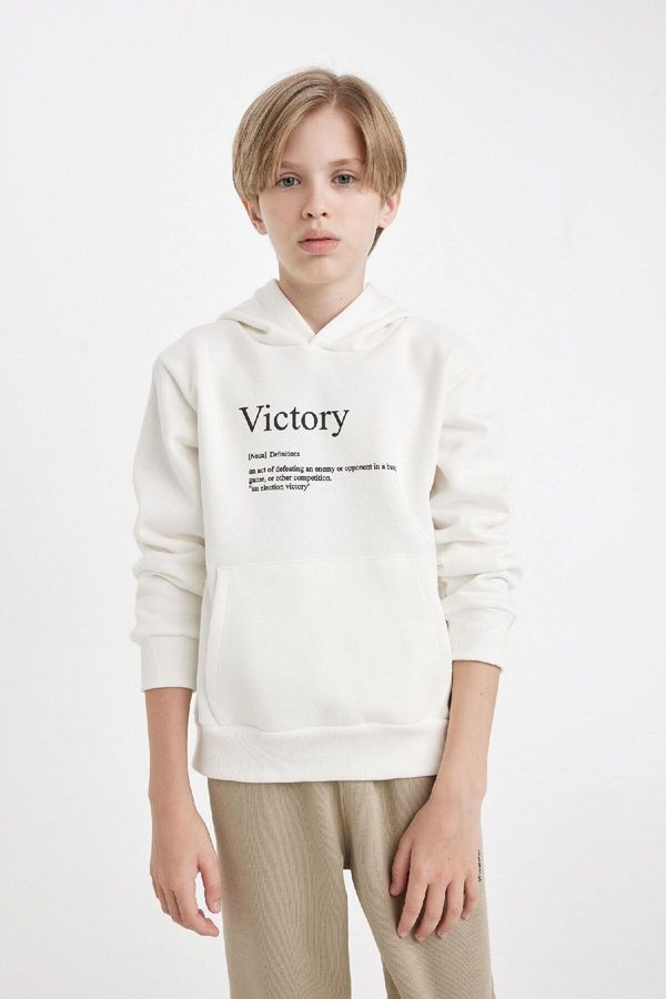 DEFACTO DEFACTO Boy's Ecru Slogan Printed Hooded Thick Sweatshirt