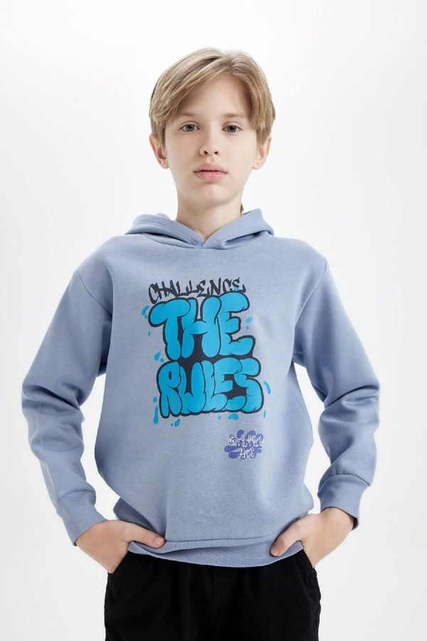 DEFACTO DEFACTO Boy's Graffiti Printed Hooded Soft Fuzzy Thick Blue Sweatshirt