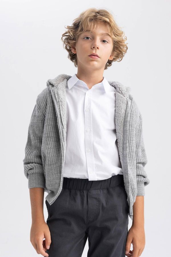 DEFACTO DEFACTO Boy's Gray Hooded Knitwear School Cardigan