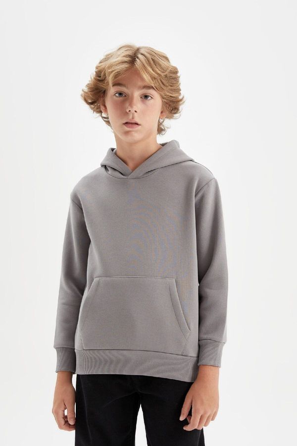 DEFACTO DEFACTO Boy's Gray Pocketed Hooded Thick School Sweatshirt