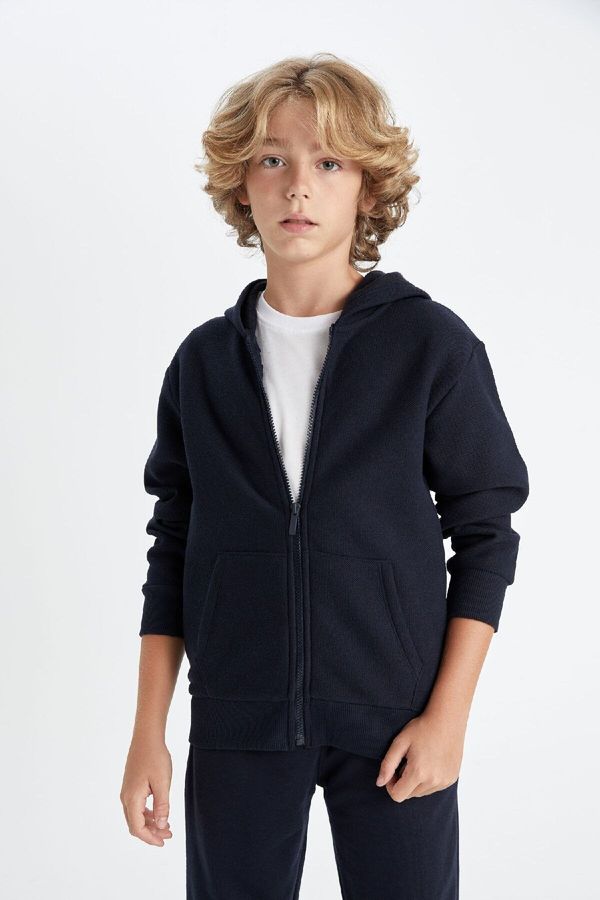 DEFACTO DEFACTO Boy's Hooded Zippered Navy Blue School Cardigan