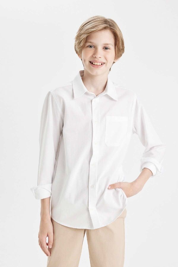 DEFACTO DEFACTO Boys Polo Collar Oxford Long Sleeve Basic Plain White School Shirt